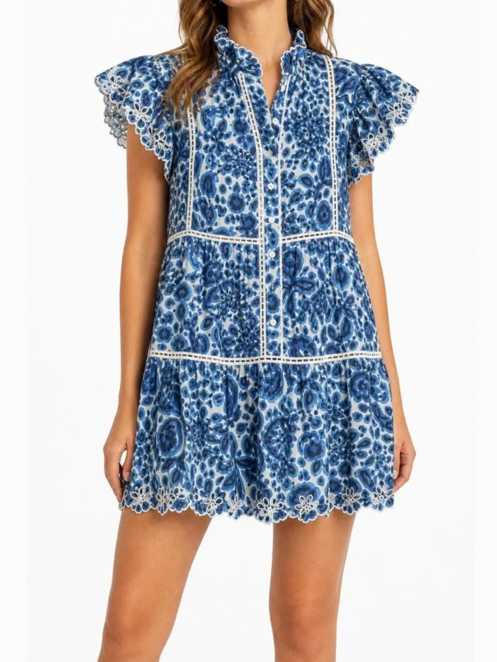 NWT! House of Harlow 1960 Melba Blue Floral Lace Trim Button Front Mini Dress M